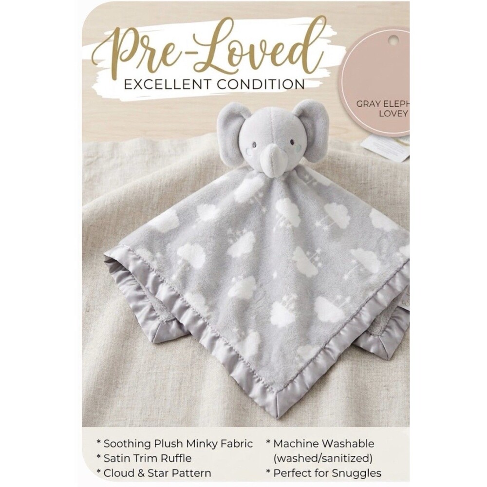 Parents Choice Large 24" Elephant Baby Lovey Clouds Security Blanket Satin Trim